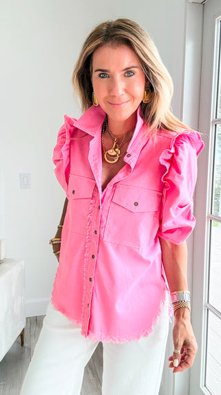 Linen Ruffle Button-Up Shirt - Bubblegum
