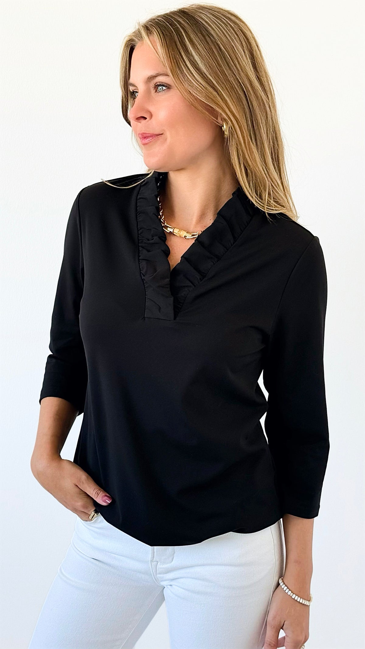 Tabatha Ruffle Neck Top- Black-110 Short Sleeve Tops-ARYEH-Coastal Bloom Boutique, find the trendiest versions of the popular styles and looks Located in Indialantic, FL