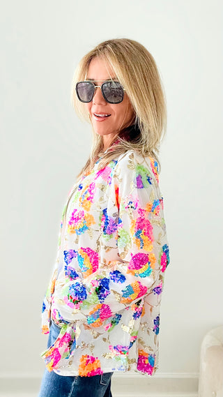 Sunny Splash Sequin Floral Button Up Blouse - White-130 Long Sleeve Tops-MAIN STRIP-Coastal Bloom Boutique, find the trendiest versions of the popular styles and looks Located in Indialantic, FL