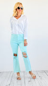 Knee Distressed High Rise Straight Jeans - Mint-190 Denim-Risen-Coastal Bloom Boutique, find the trendiest versions of the popular styles and looks Located in Indialantic, FL