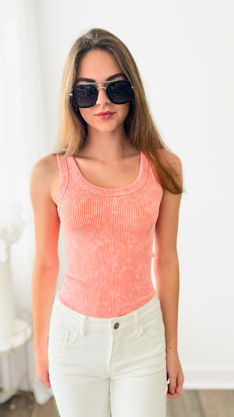 Acid Washed Ribbed Tank Top - Coral-100 Sleeveless Tops-Zenana-Coastal Bloom Boutique, find the trendiest versions of the popular styles and looks Located in Indialantic, FL