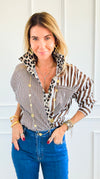 Stripe & Leopard Trim Italian Woven Blouse-110 Long Sleeve Tops-AMIRA-Coastal Bloom Boutique, find the trendiest versions of the popular styles and looks Located in Indialantic, FL