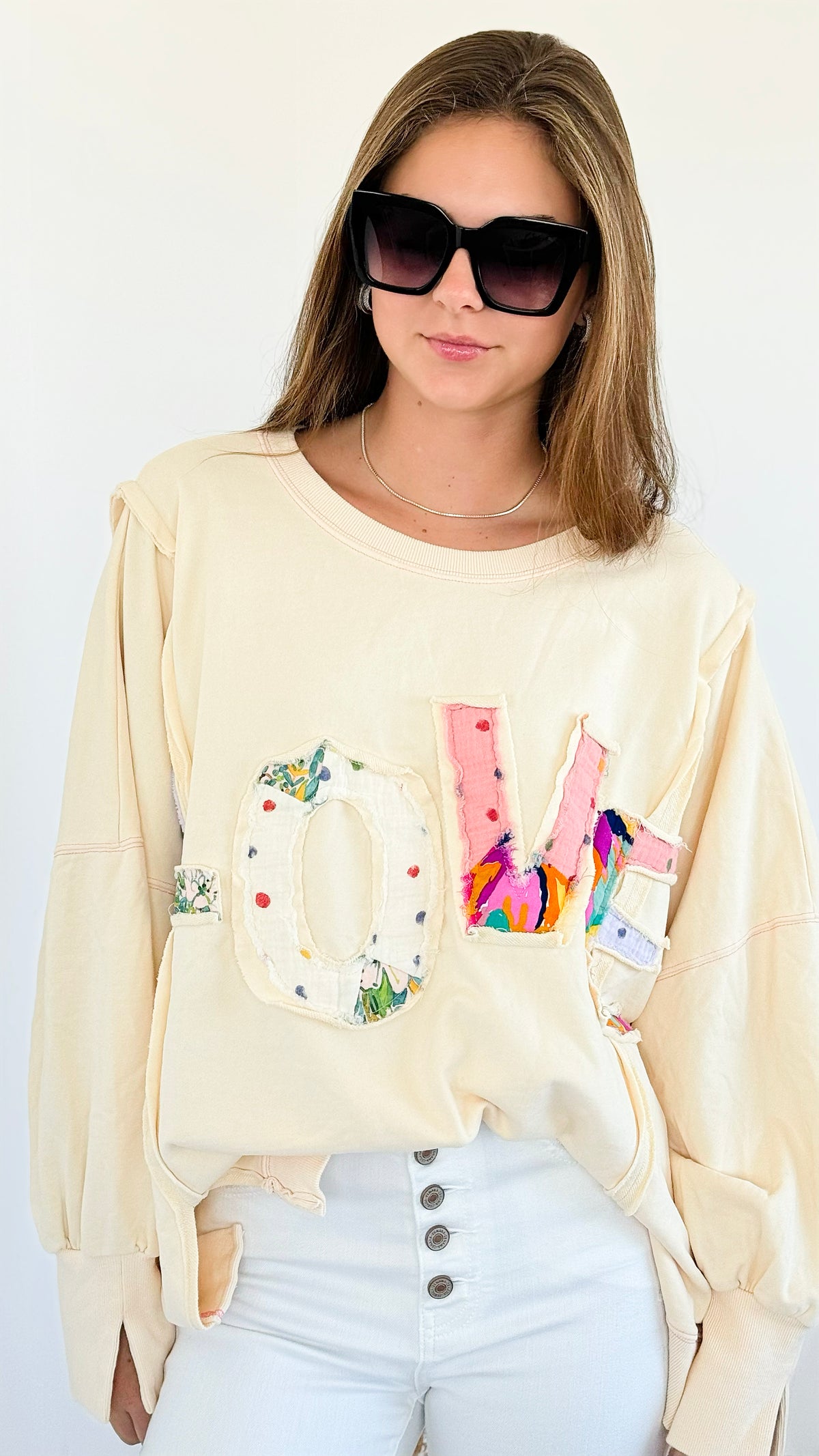 'Love' Patchwork Knit Pullover-130 Long sleeve top-EASEL-Coastal Bloom Boutique, find the trendiest versions of the popular styles and looks Located in Indialantic, FL