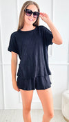Textured Top & Short Set - Black-210 Loungewear/Sets-Lovely Melody-Coastal Bloom Boutique, find the trendiest versions of the popular styles and looks Located in Indialantic, FL