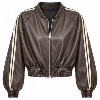 Trackside Chic Faux Leather Zip Bomber Jacket- Brown