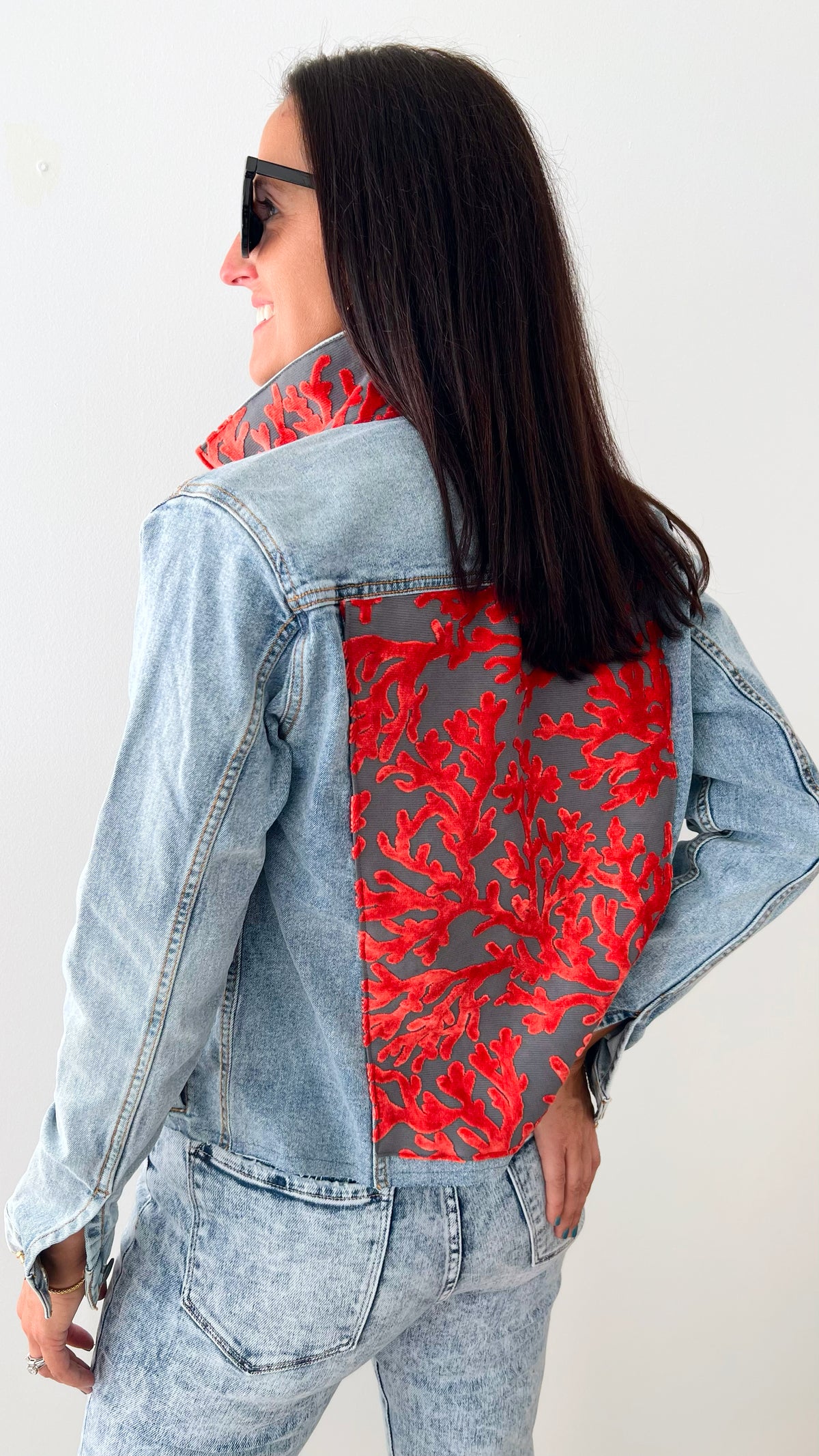 Denim Jacket with Coral Velvet-160 Jackets-Pearly Vine-Coastal Bloom Boutique, find the trendiest versions of the popular styles and looks Located in Indialantic, FL