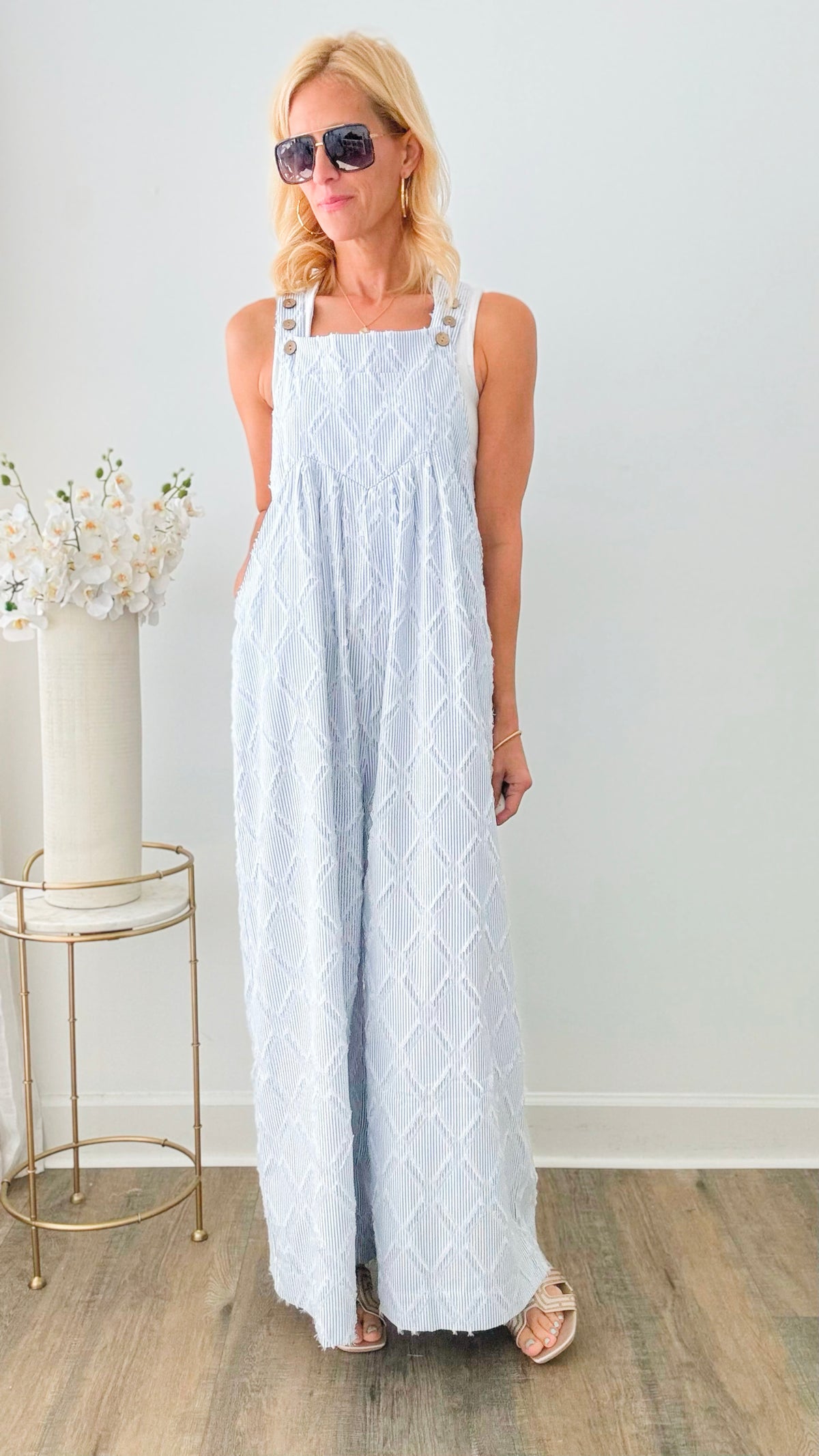 Distress Stripe Woven Jumpsuit-200 dresses/jumpsuits/rompers-BIBI-Coastal Bloom Boutique, find the trendiest versions of the popular styles and looks Located in Indialantic, FL