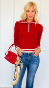 Seabreeze Cable Knit Sailor Sweater - Red-140 Sweaters-LOVE TREE-Coastal Bloom Boutique, find the trendiest versions of the popular styles and looks Located in Indialantic, FL
