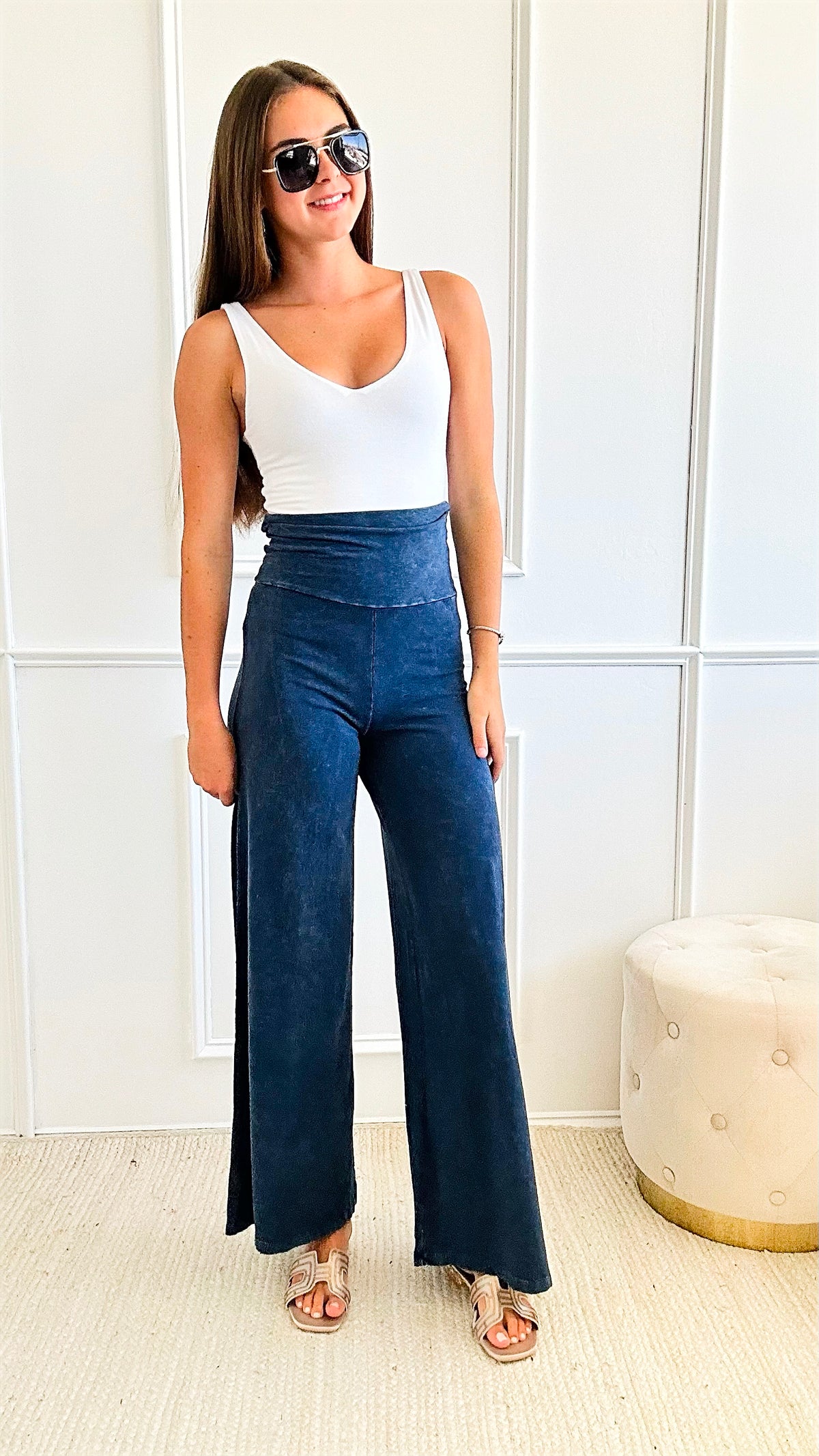 Mineral Wash Wide Leg Pants - Blue Grey-170 Bottoms-Chatoyant-Coastal Bloom Boutique, find the trendiest versions of the popular styles and looks Located in Indialantic, FL