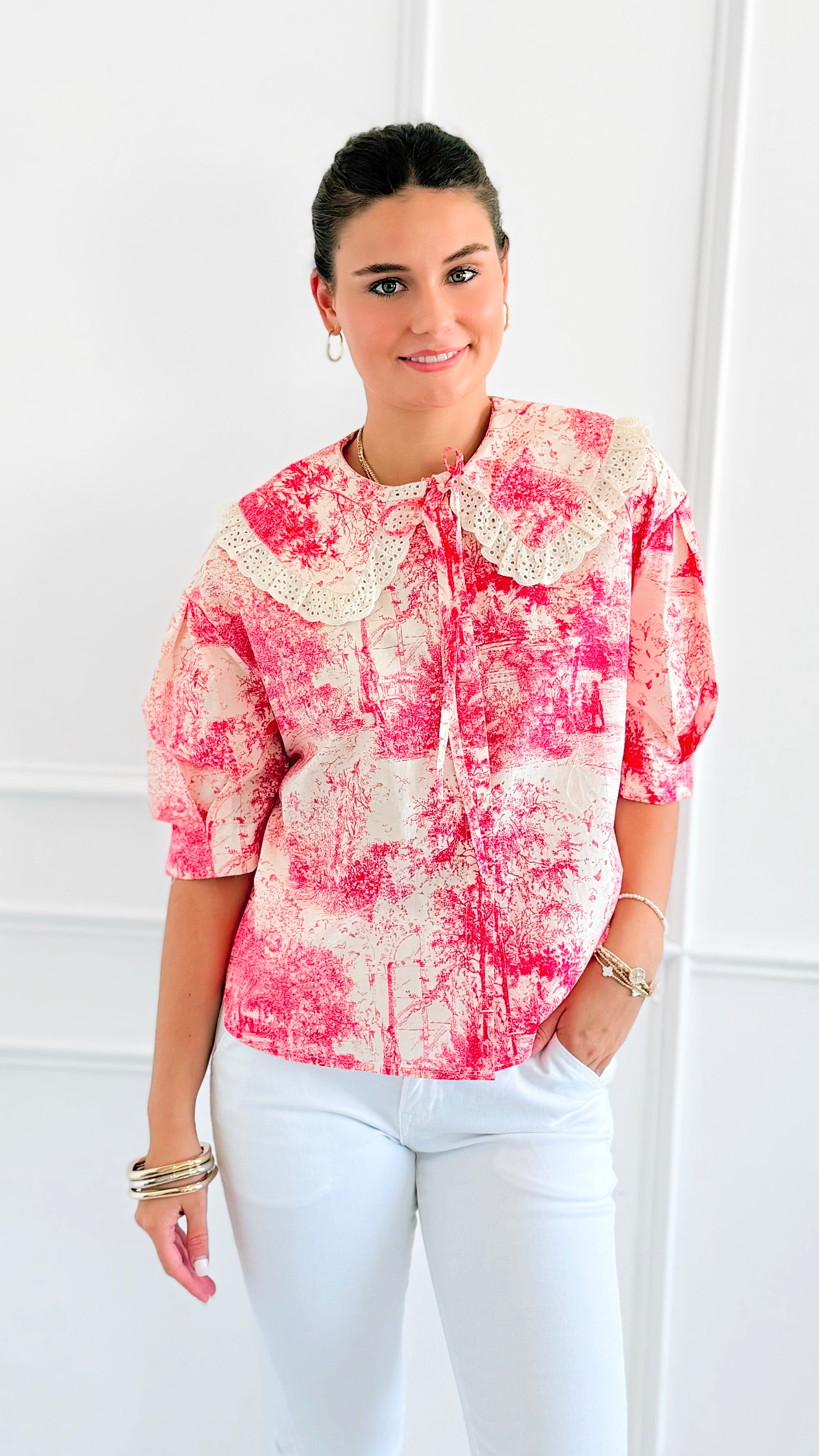 Countryside Reverie Puff Sleeve Top - Red-110 Short Sleeve Tops-GIGIO-Coastal Bloom Boutique, find the trendiest versions of the popular styles and looks Located in Indialantic, FL