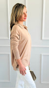 Polished Collar Knit Polo Top - Taupe-130 Long Sleeve Tops-ROUSSEAU-Coastal Bloom Boutique, find the trendiest versions of the popular styles and looks Located in Indialantic, FL
