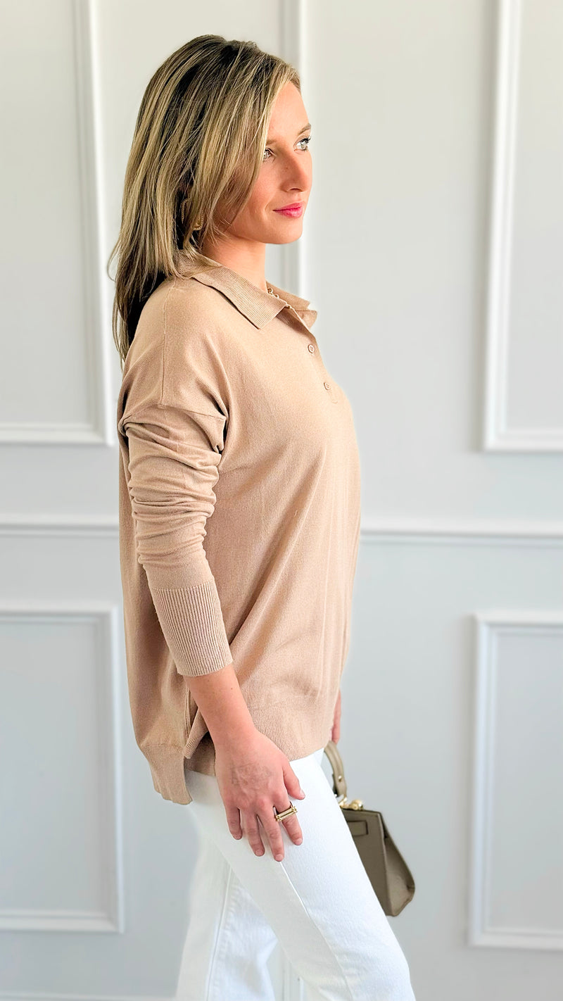 Polished Collar Knit Polo Top - Taupe-130 Long Sleeve Tops-ROUSSEAU-Coastal Bloom Boutique, find the trendiest versions of the popular styles and looks Located in Indialantic, FL
