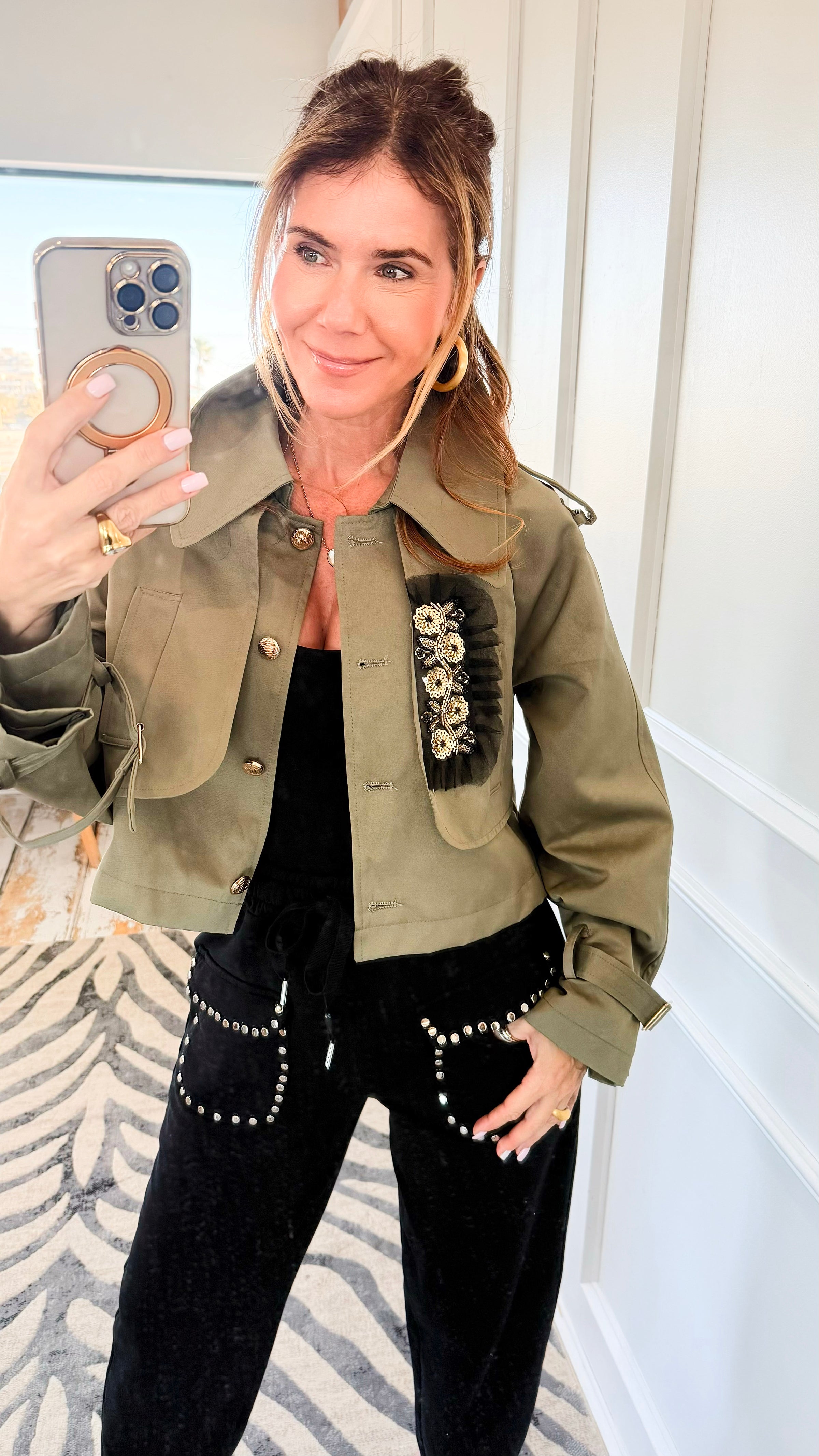 The Gilded Bloom Cropped Jacket- Olive