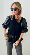 Puff Sleeve Mixed Media Top-110 Short Sleeve Tops-T H M L-Coastal Bloom Boutique, find the trendiest versions of the popular styles and looks Located in Indialantic, FL