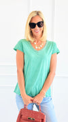 Shimmer Trim V-Neck Italian Top- Mint-110 short Sleeve Top-SARL LACOMY-Coastal Bloom Boutique, find the trendiest versions of the popular styles and looks Located in Indialantic, FL