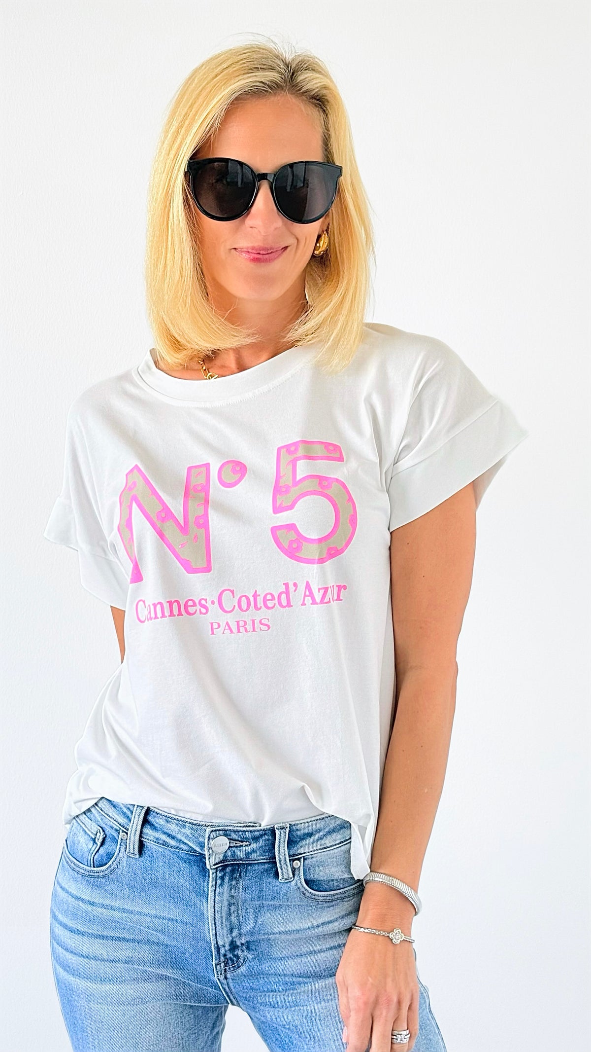 Number 5 Luxe Italian Graphic Tee- White-110 Short Sleeve Tops-Italianissimo-Coastal Bloom Boutique, find the trendiest versions of the popular styles and looks Located in Indialantic, FL