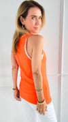 Metallic Foil Detailed Ribbed Italian Tank - Orange/Silver-100 Sleeveless Tops-Italianissimo-Coastal Bloom Boutique, find the trendiest versions of the popular styles and looks Located in Indialantic, FL