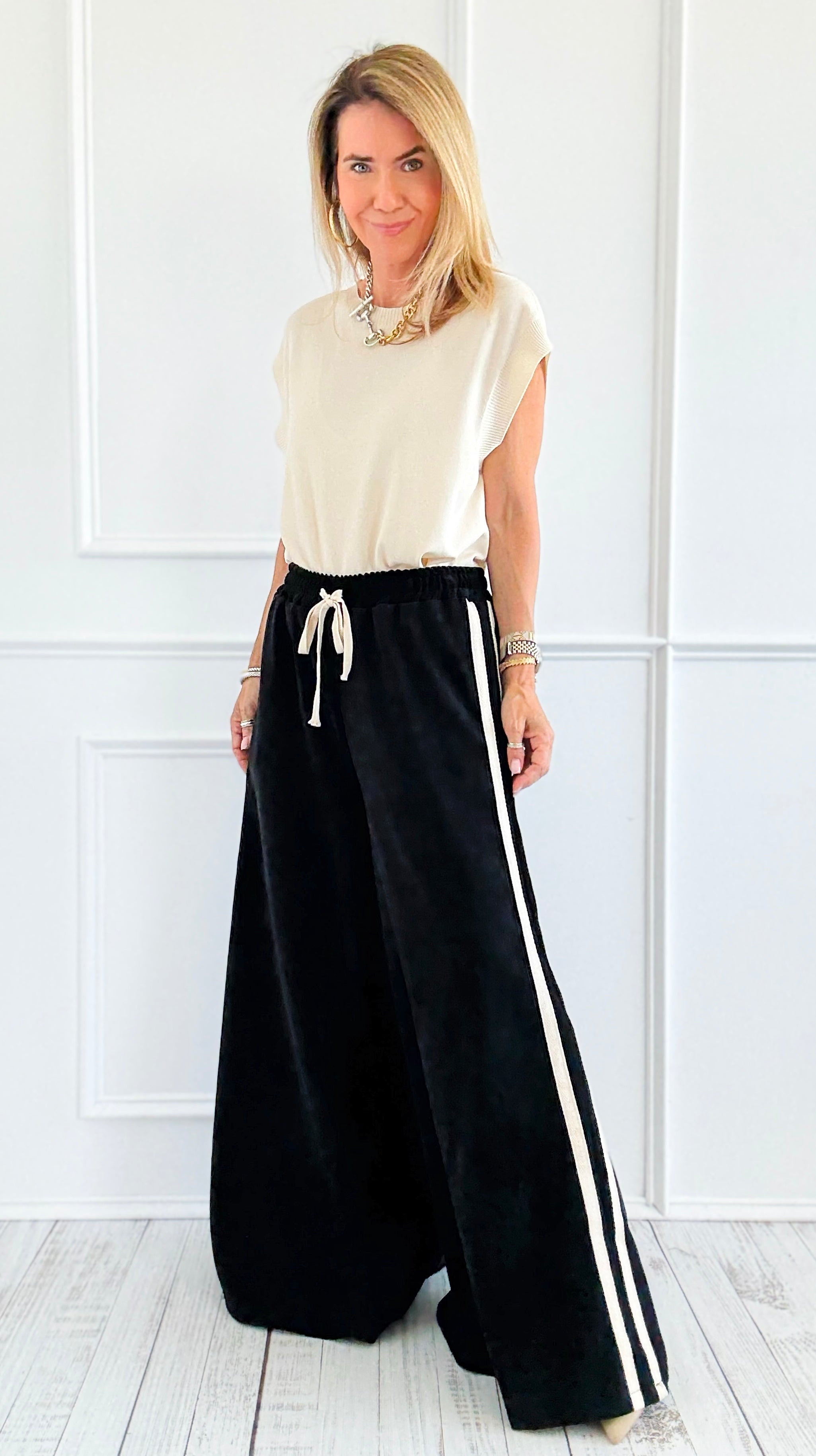 Tracked Threads Italian Palazzo- Black-100 Pants-AZUL MONACO-Coastal Bloom Boutique, find the trendiest versions of the popular styles and looks Located in Indialantic, FL