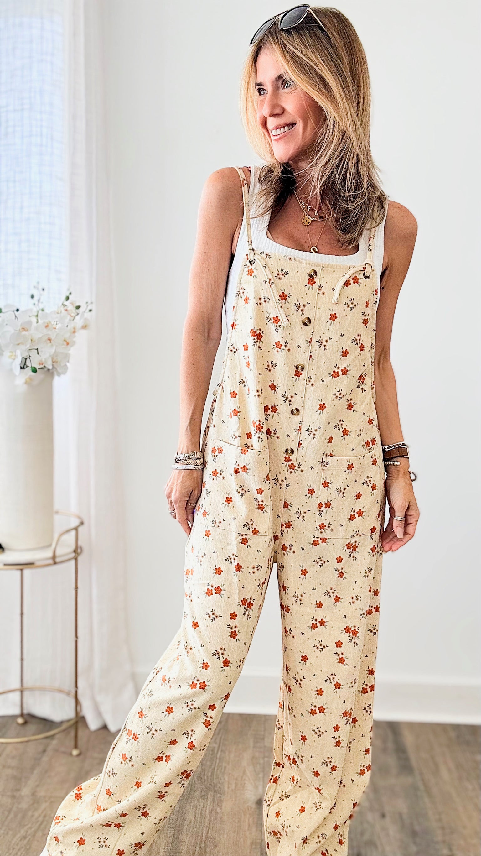Floral Print Button Front Detailed Jumpsuit - Cream-200 dresses/jumpsuits/rompers-Gigio-Coastal Bloom Boutique, find the trendiest versions of the popular styles and looks Located in Indialantic, FL