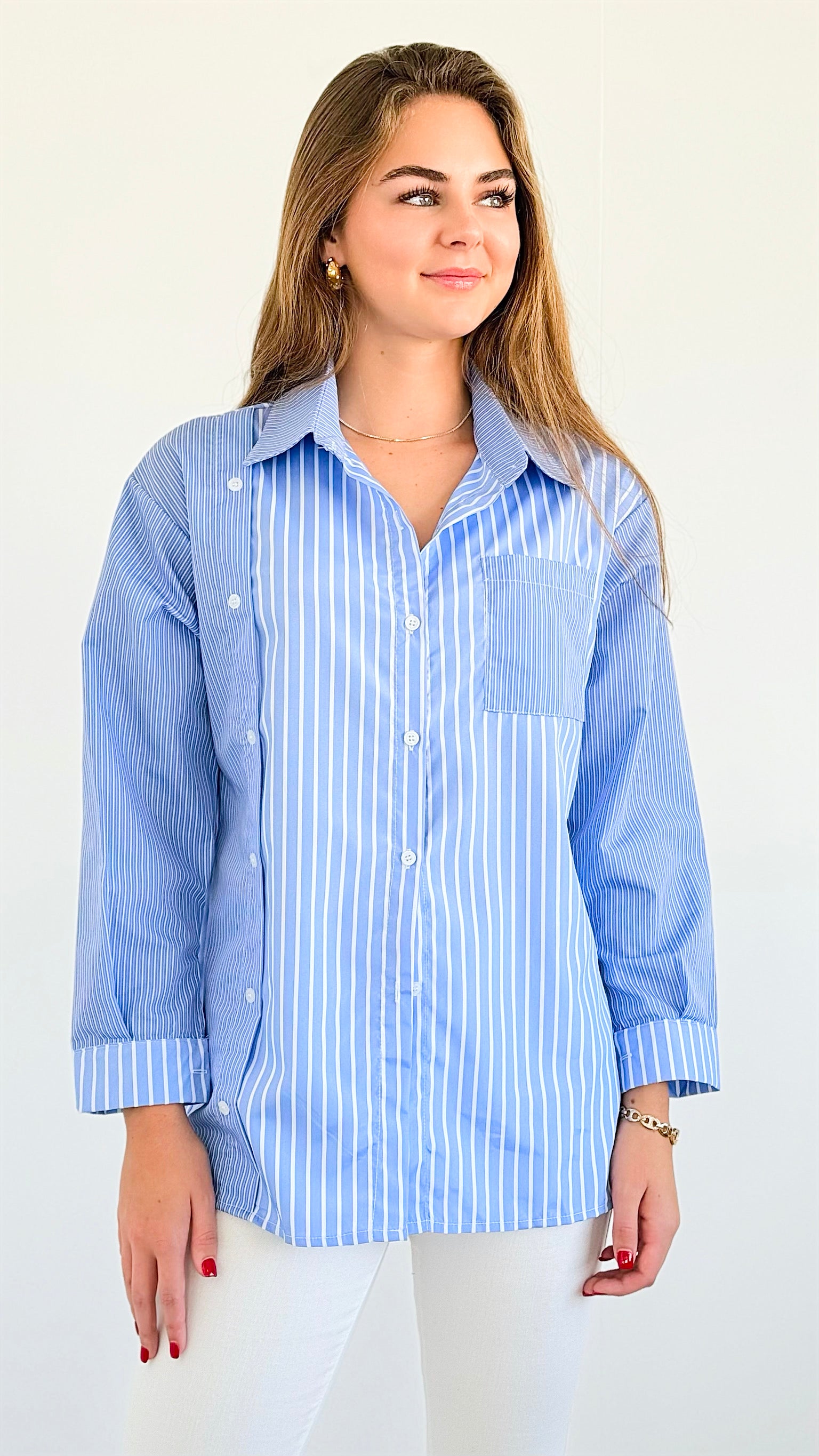 Multi Pinstripe Pocket Blouse-110 Short Sleeve Tops-OOPS!-Coastal Bloom Boutique, find the trendiest versions of the popular styles and looks Located in Indialantic, FL