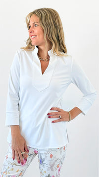 Refined Elegance Notch Collar Top - White-130 Long sleeve top-ARYEH-Coastal Bloom Boutique, find the trendiest versions of the popular styles and looks Located in Indialantic, FL