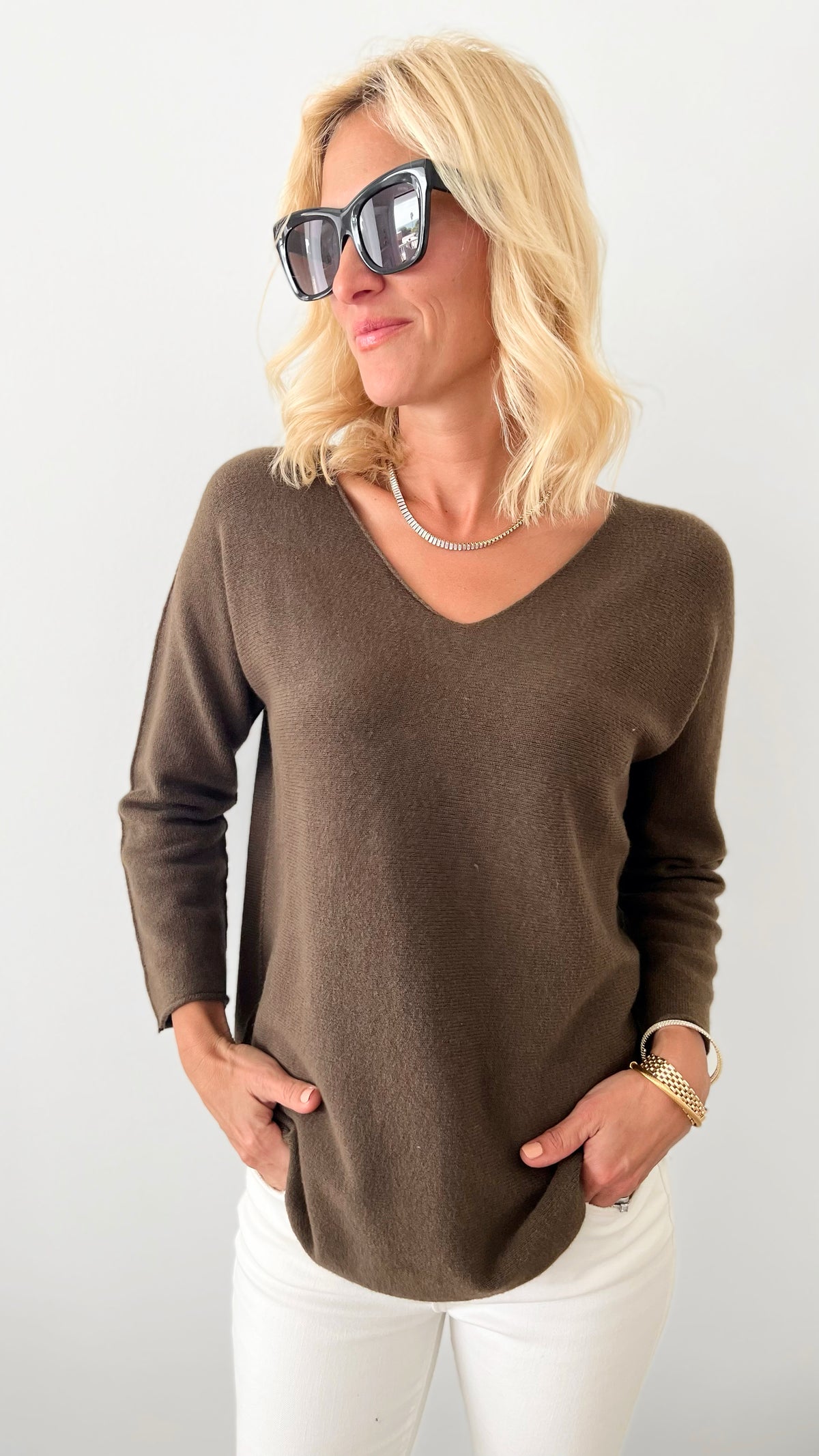 Soho Italian V-Neck Pullover - Chocolate-140 Sweaters-Italianissimo/ Max & D-Coastal Bloom Boutique, find the trendiest versions of the popular styles and looks Located in Indialantic, FL