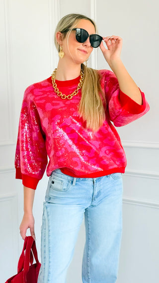 Sequin Animal Print Knit Top - Red