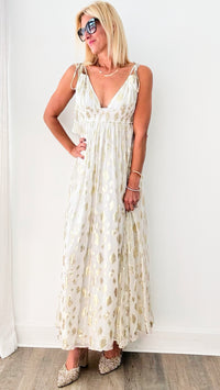 Metallic Spotted Deep Strappy Maxi Dress - Ivory-200 Dresses/Jumpsuits/Rompers-en creme-Coastal Bloom Boutique, find the trendiest versions of the popular styles and looks Located in Indialantic, FL