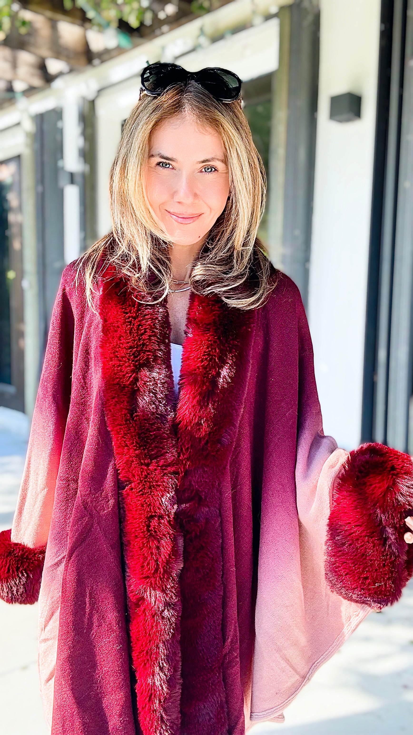 Glass of Wine Faux Fur Trim Ombre Cape-150 Cardigans/Layers-On Blue-Coastal Bloom Boutique, find the trendiest versions of the popular styles and looks Located in Indialantic, FL