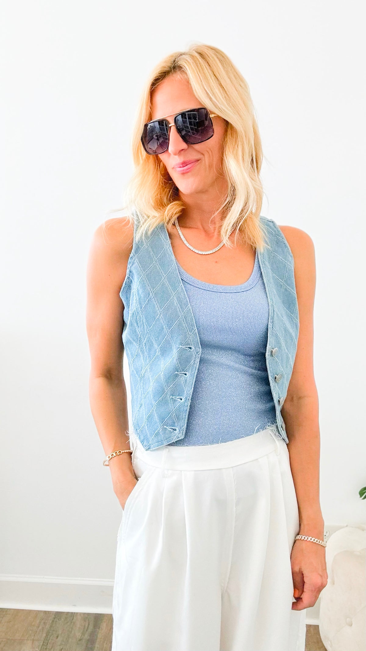 Patterned Denim Vest-100 Sleeveless Tops-Edit By Nine-Coastal Bloom Boutique, find the trendiest versions of the popular styles and looks Located in Indialantic, FL