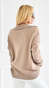 Polo Collar Knit Sweater - Camel-140 Sweaters-VENTI6 OUTLET-Coastal Bloom Boutique, find the trendiest versions of the popular styles and looks Located in Indialantic, FL