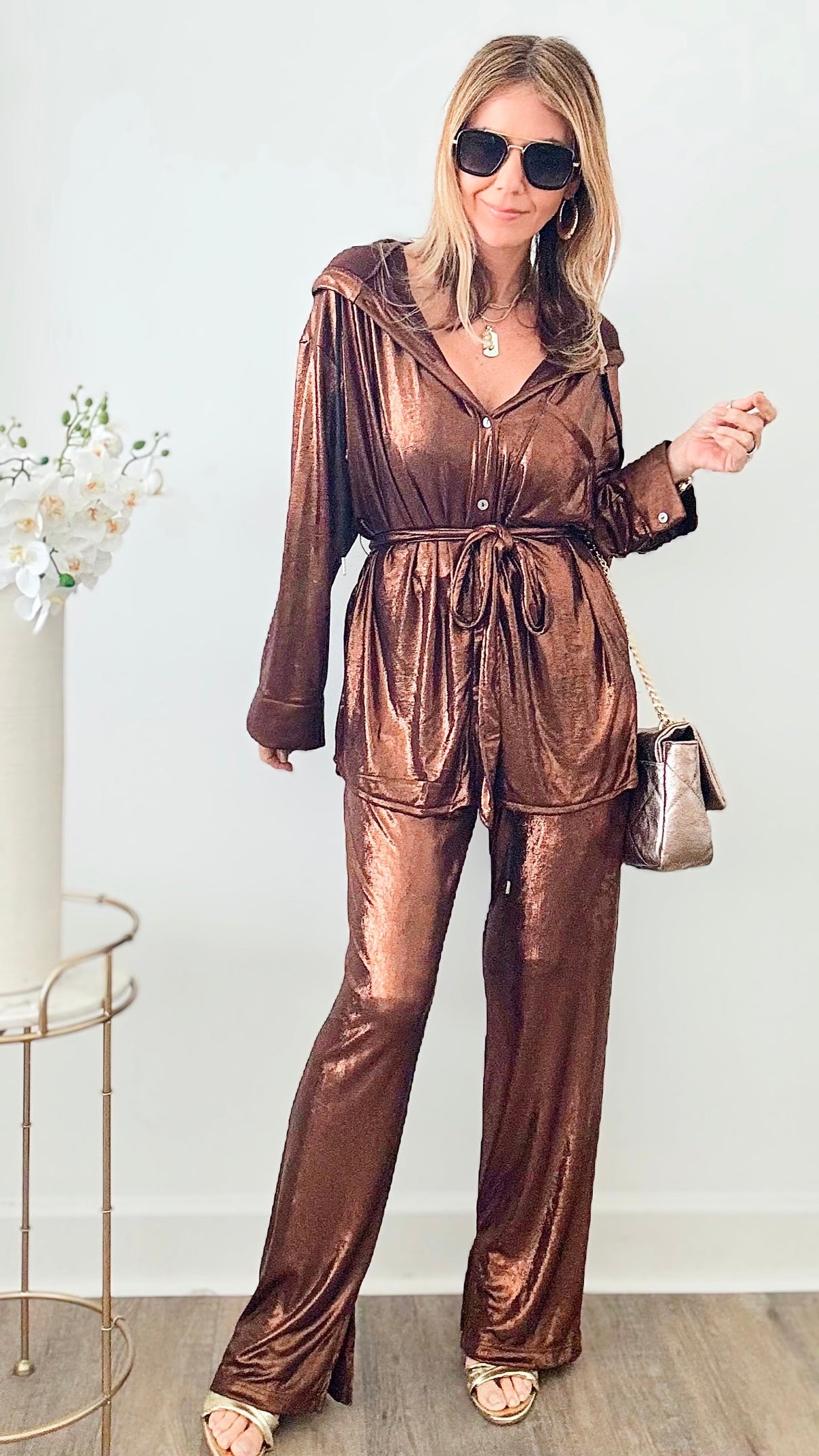 Shiny Hood Detail Top And Matching Pants Set - Bronze-210 Loungewear/Sets-sj style-Coastal Bloom Boutique, find the trendiest versions of the popular styles and looks Located in Indialantic, FL