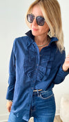 Classic Long Sleeve Navy Cotton Lawn Ruffle Shirt-130 Long Sleeve Tops-Grenouille-Coastal Bloom Boutique, find the trendiest versions of the popular styles and looks Located in Indialantic, FL