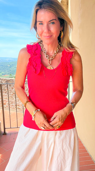 Ruffle Detail Sleeveless Italian Top - Red