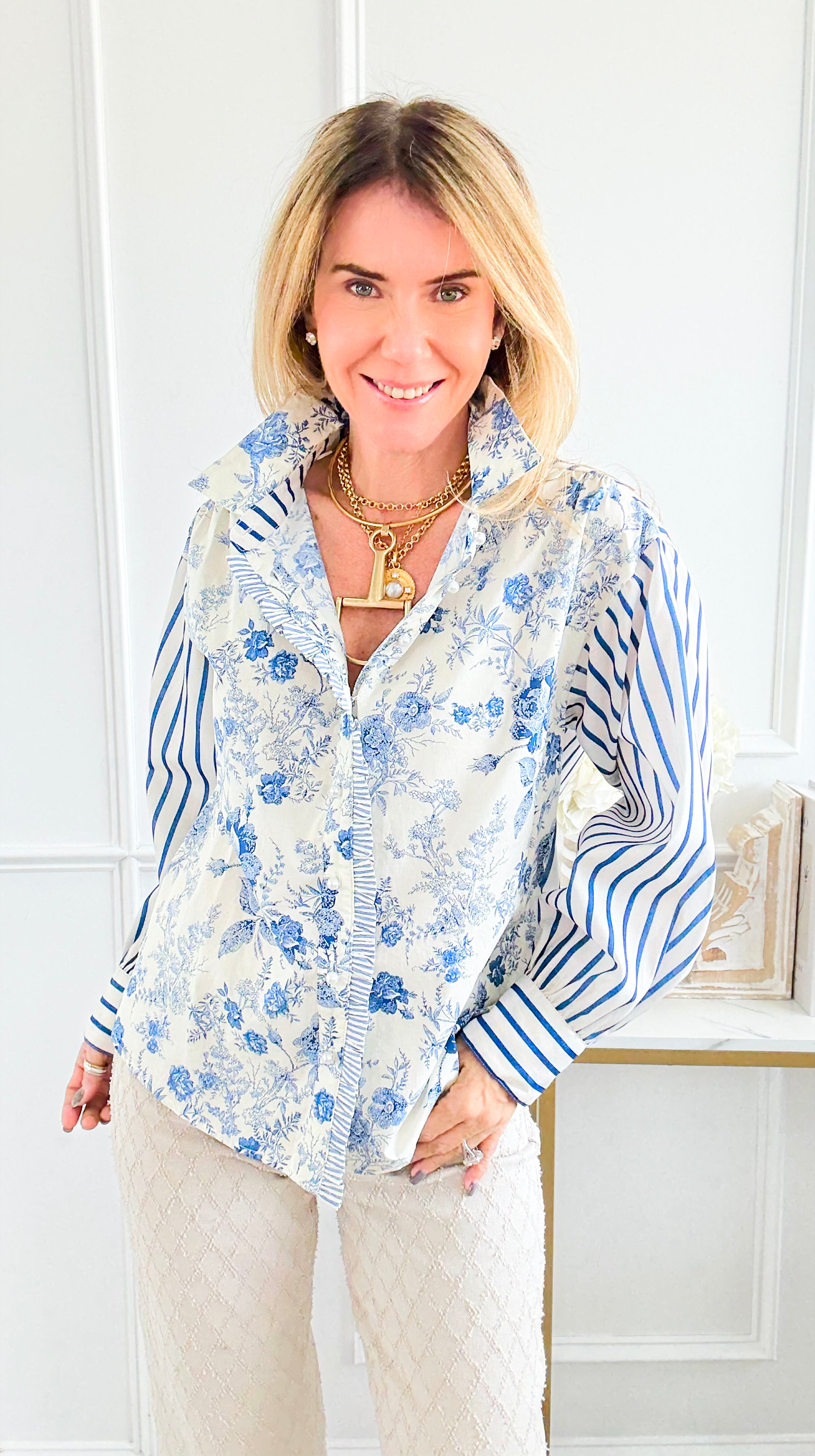 Garden Poise Mixed-Print Button Down Top-130 Long Sleeve Tops-JODIFL-Coastal Bloom Boutique, find the trendiest versions of the popular styles and looks Located in Indialantic, FL