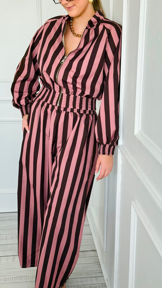 Pre Auth - Contrast Italian Stripe Jacket & Pant Set  - Mauve/ Brown
