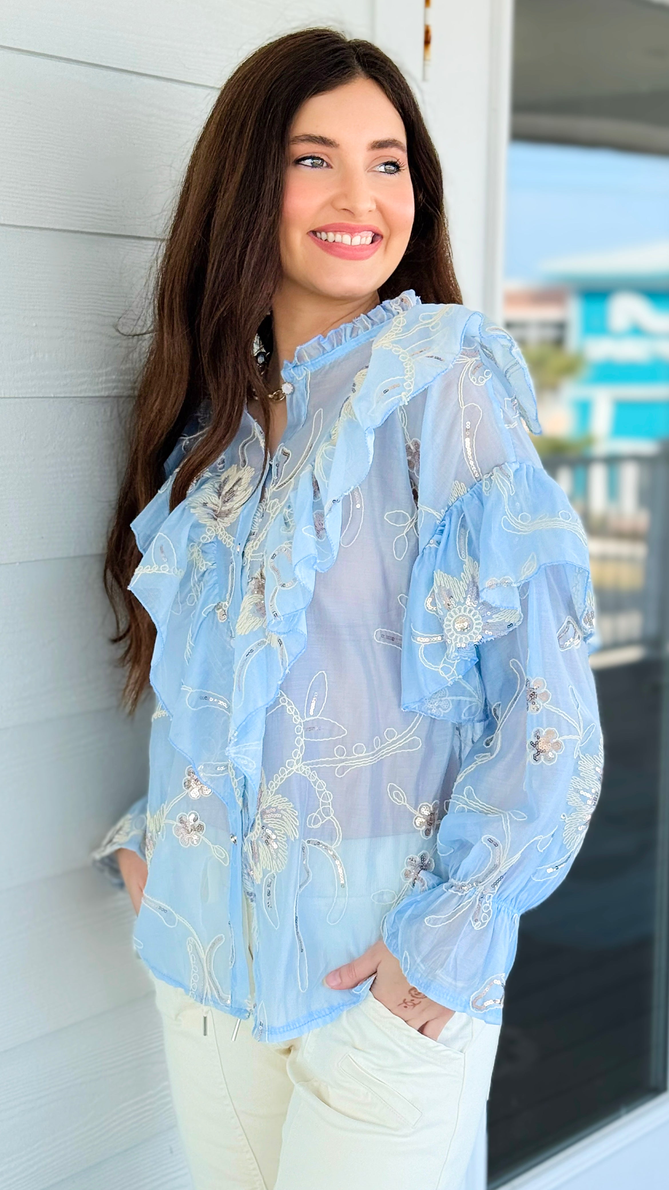 Elegance Bloom Embroidered Italian Button Top- Light Blue