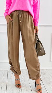 Drapey Twill Adjustable Scrunch Joggers - Mocha-170 Bottoms-Allie Rose-Coastal Bloom Boutique, find the trendiest versions of the popular styles and looks Located in Indialantic, FL