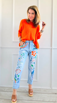 Blossom Brushwork Italian Denim Pant-190 Denim-Italianissimo-Coastal Bloom Boutique, find the trendiest versions of the popular styles and looks Located in Indialantic, FL