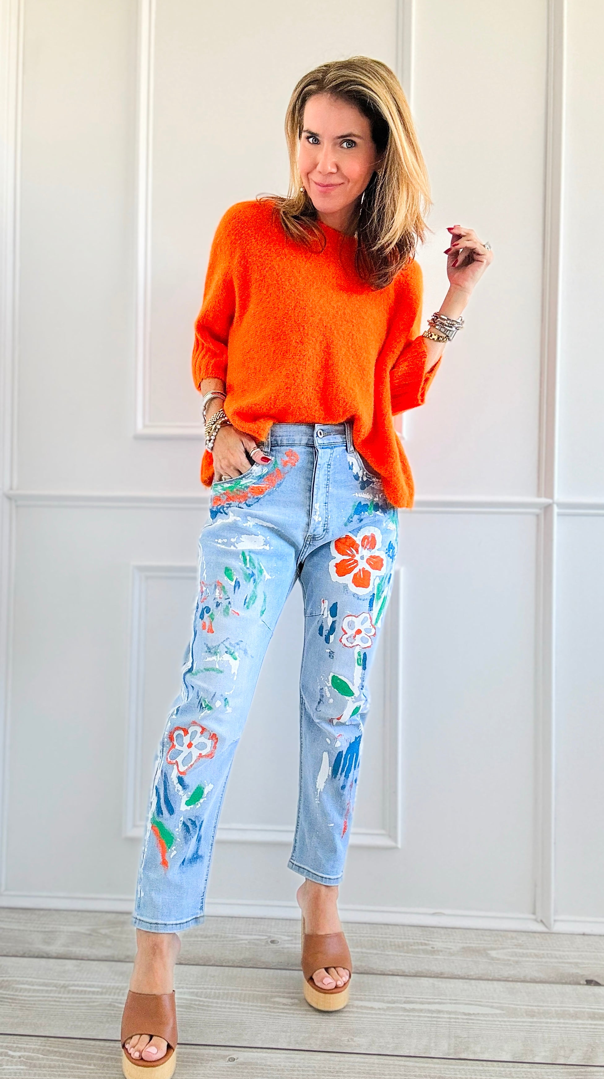 Blossom Brushwork Italian Denim Pant-190 Denim-Italianissimo-Coastal Bloom Boutique, find the trendiest versions of the popular styles and looks Located in Indialantic, FL