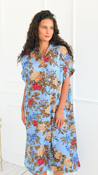 Classic Bloom Italian Button Long Dress- Blue