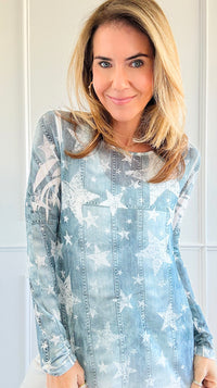 Starry Denim Long Sleeve Top-110 Long Sleeve Tops-Origami Fashion Inc-Coastal Bloom Boutique, find the trendiest versions of the popular styles and looks Located in Indialantic, FL