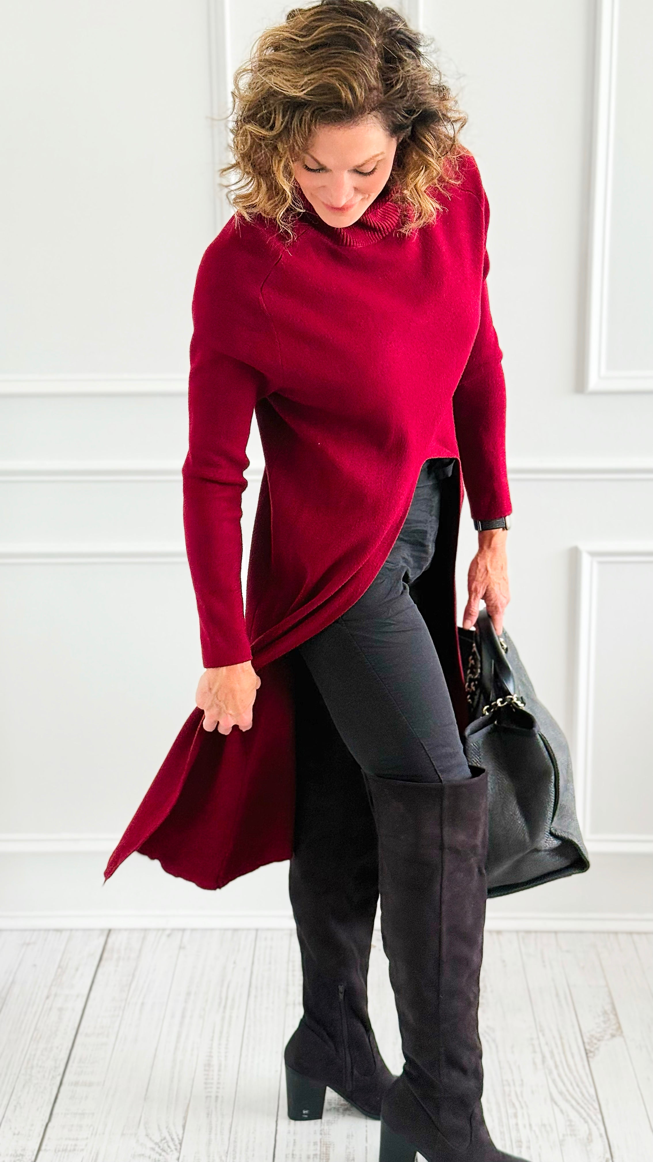 Chic Long Split Italian Sweater - Wine-150 Cardigans/Layers-Italianissimo/Z Studio-Coastal Bloom Boutique, find the trendiest versions of the popular styles and looks Located in Indialantic, FL