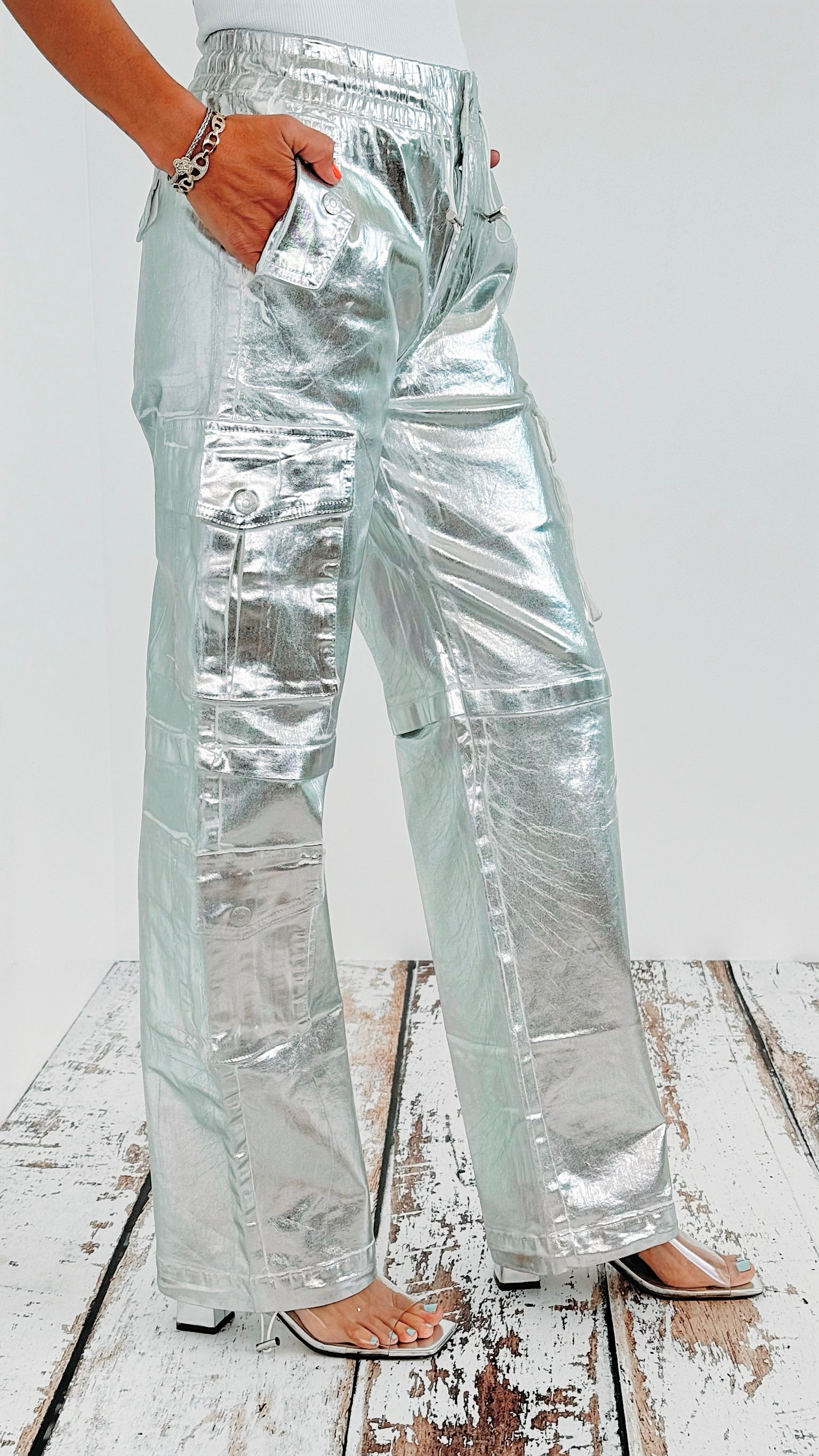 Silver Baggy Cargo Pants-170 Bottoms-Vibrant M.i.U-Coastal Bloom Boutique, find the trendiest versions of the popular styles and looks Located in Indialantic, FL