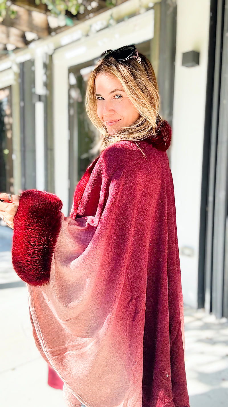 Glass of Wine Faux Fur Trim Ombre Cape-150 Cardigans/Layers-On Blue-Coastal Bloom Boutique, find the trendiest versions of the popular styles and looks Located in Indialantic, FL