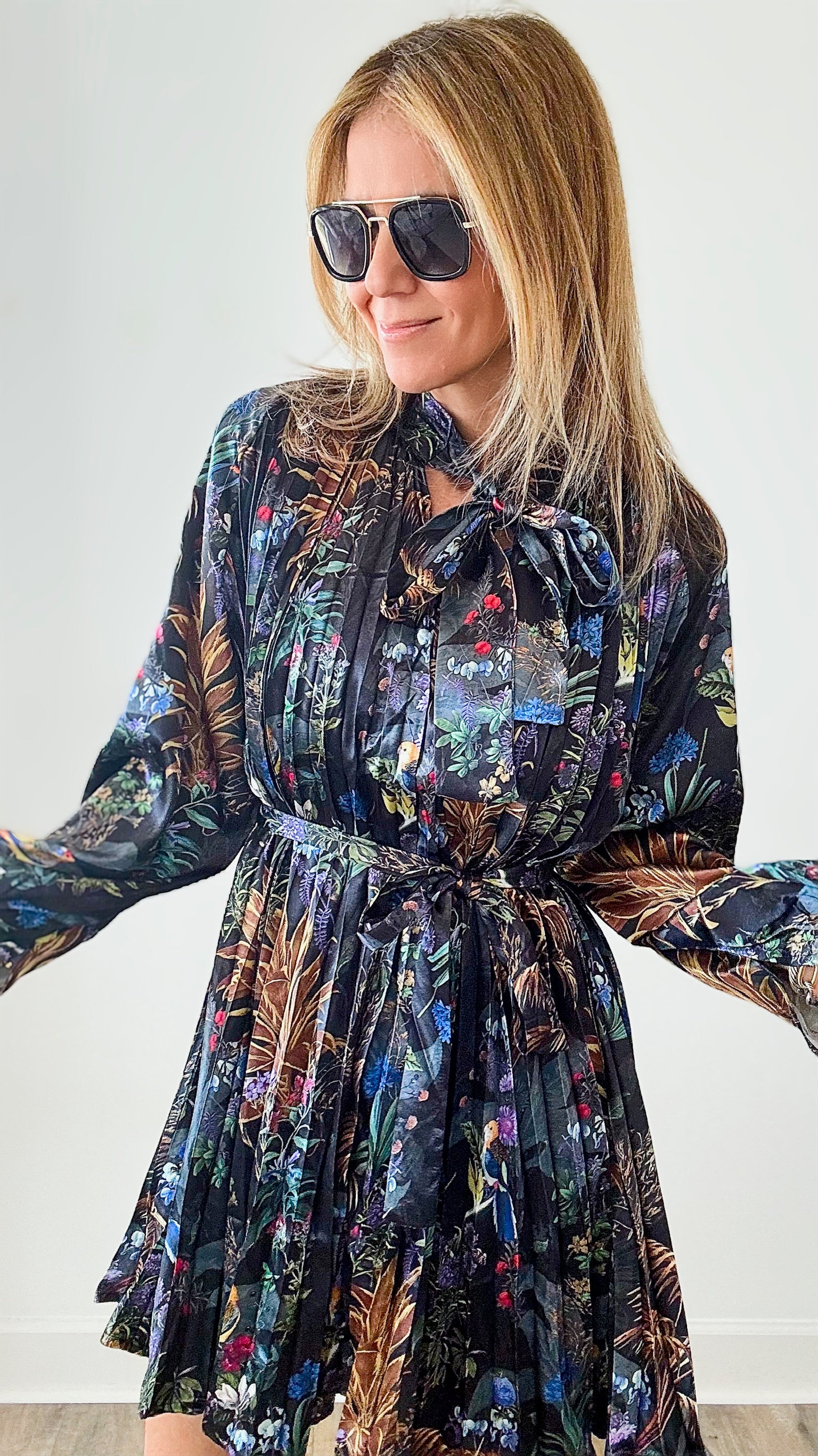 Magical Jungle Pleated Dress-130 Long Sleeve Tops-Beulah Style-Coastal Bloom Boutique, find the trendiest versions of the popular styles and looks Located in Indialantic, FL