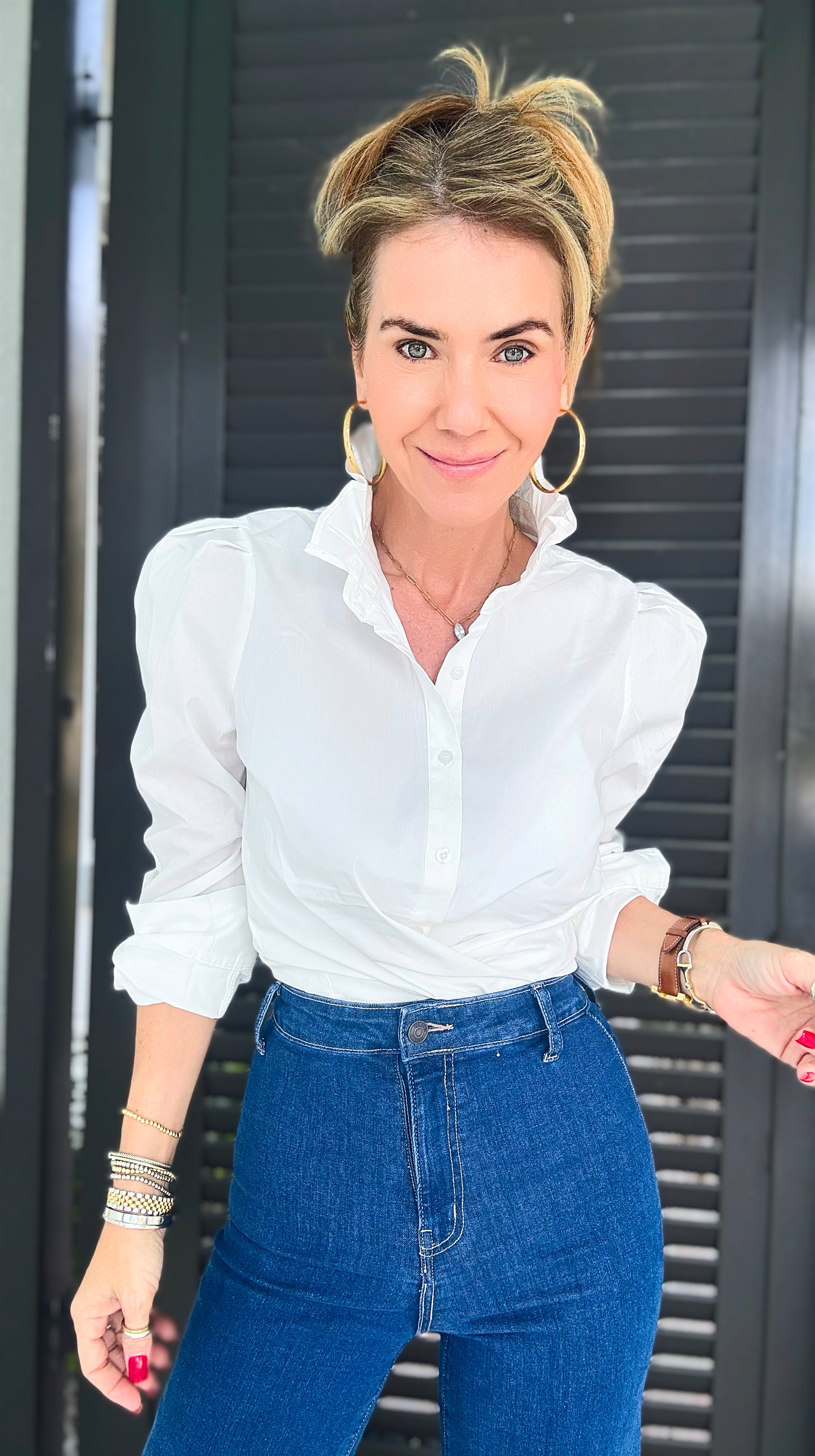 The Caprice Ruffle Collar Staple Shirt-130 Long Sleeve Tops-MICHEL-Coastal Bloom Boutique, find the trendiest versions of the popular styles and looks Located in Indialantic, FL