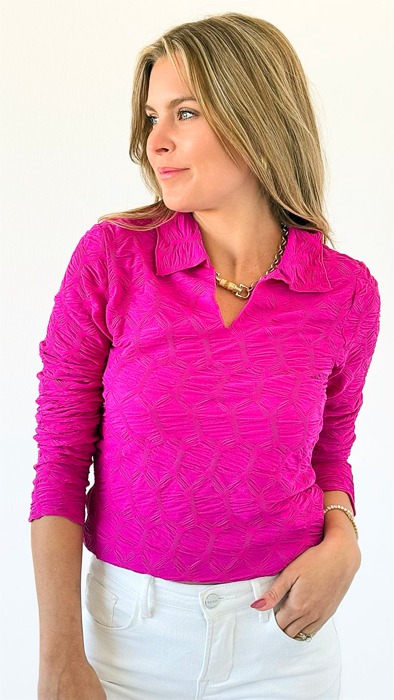 Textured Collared Top - Magenta-110 Long Sleeve Tops-Rousseau-Coastal Bloom Boutique, find the trendiest versions of the popular styles and looks Located in Indialantic, FL