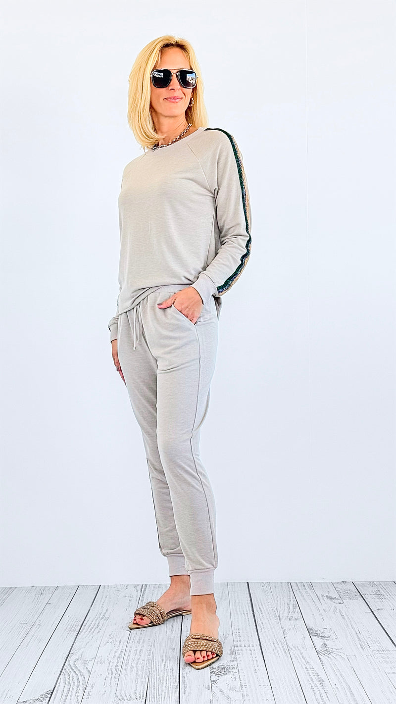 Glitter Trim Cozy Jogger Set - Stone-170 Bottoms-mystree-Coastal Bloom Boutique, find the trendiest versions of the popular styles and looks Located in Indialantic, FL