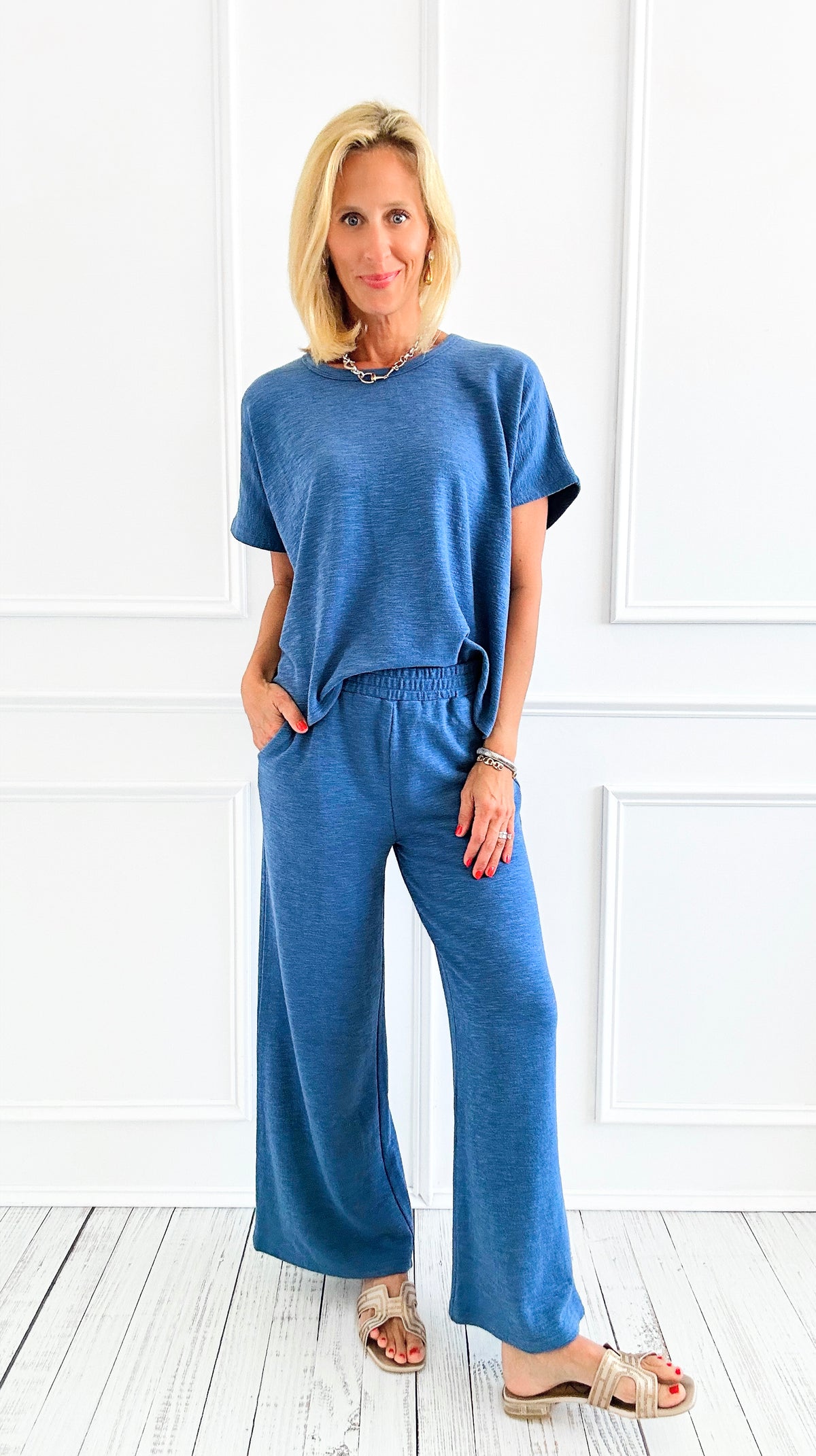 Evening Ease Cotton Slub Lounge Set - Dusty Blue-210 Loungewear/Sets-Zenana-Coastal Bloom Boutique, find the trendiest versions of the popular styles and looks Located in Indialantic, FL